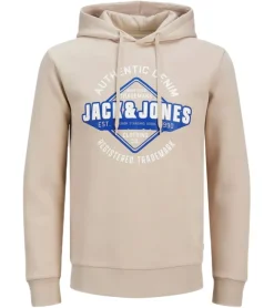 Pullover & Sweater*Jack & Jones Herren Kapuzen-Pullover Baumwoll-Pullover mit Schriftzug Langarm-Shirt 12255617 Beige, , Lindgrün oder Schwarz Hellblau