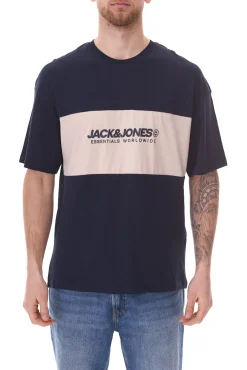 T-Shirts & Tank Tops*Jack & Jones Herren Rundhals-Shirt Baumwoll-Shirt T-Shirt Kurzarm-Shirt 12258883 Dunkelblau//Beige