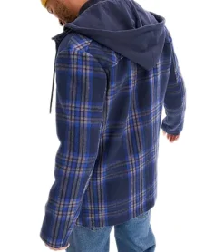 Jacken & Mäntel*O46bpx karierte Übergangs-Jacke für Herren mit Baumwollanteil Sweat-Jacke mit abnehmbarer Kapuze und Karomuster 913708 Blau