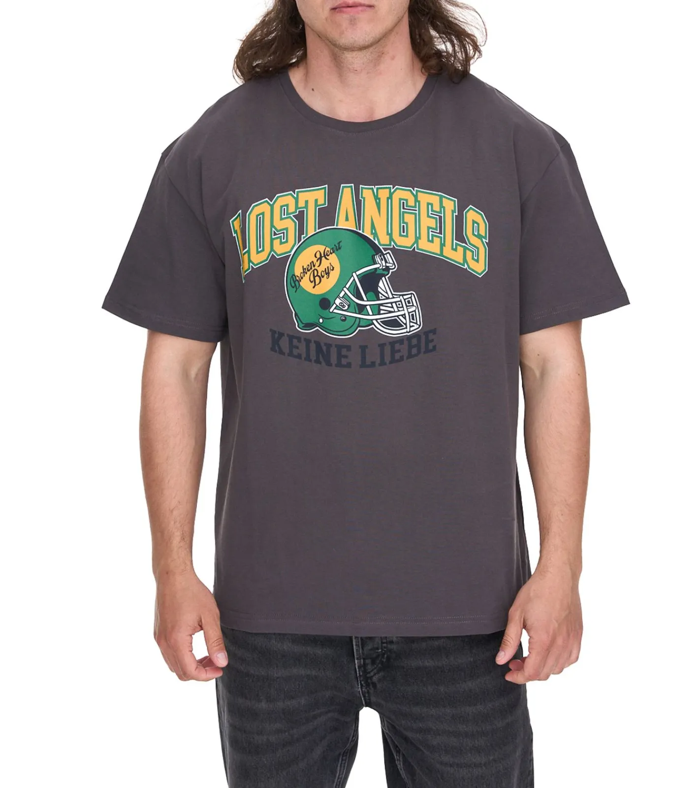 T-Shirts & Tank Tops*KEINE LIEBE Ballhead Herren Baumwoll-Shirt mit LOST ANGELES Schriftzug T-Shirt Rundhals-Shirt Kurzarm-Shirt KLTS1011GRY Grau/Grün/Orange