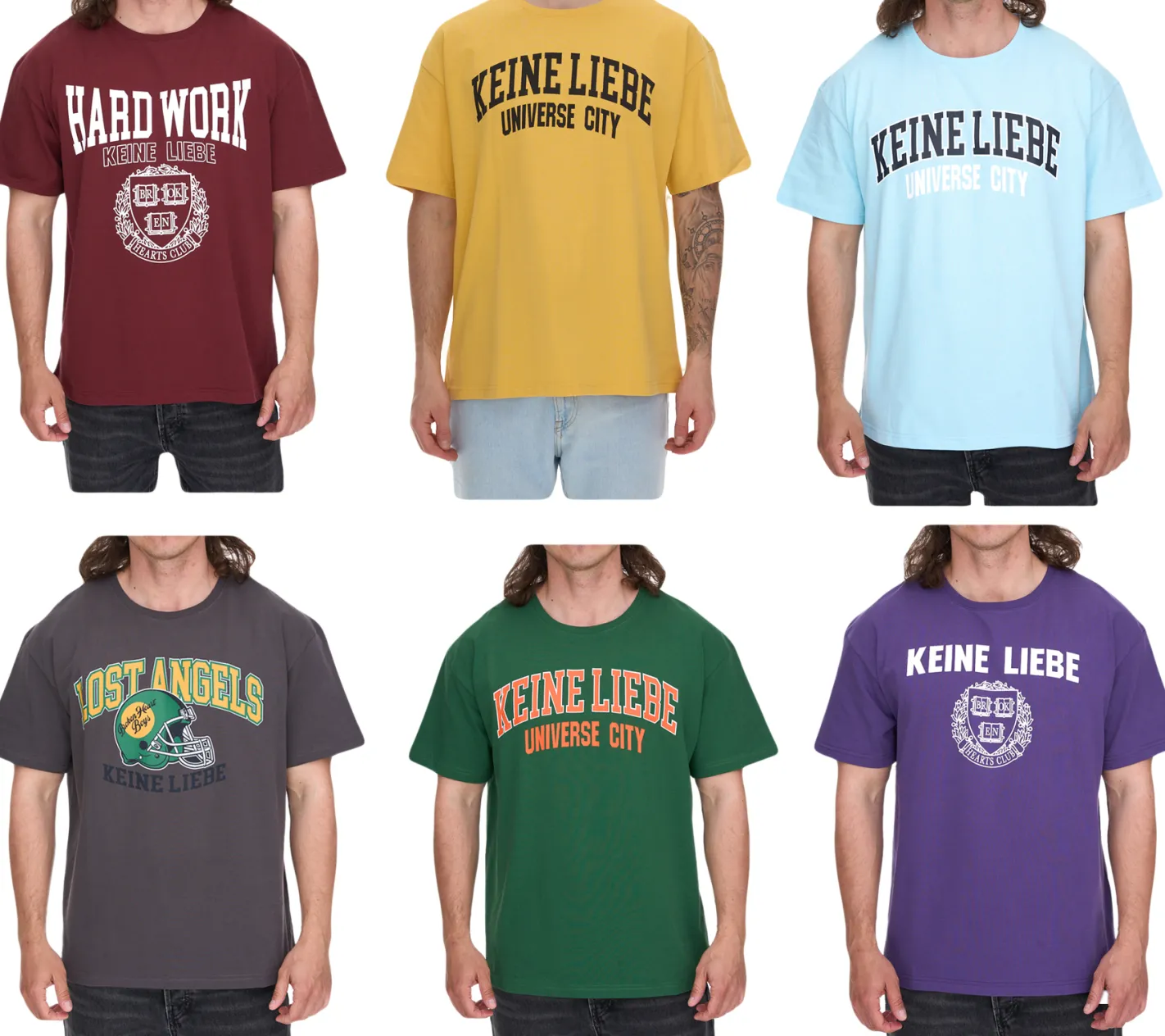 T-Shirts & Tank Tops*KEINE LIEBE Universe City und Broken Heart Club Herren Baumwoll-Shirt mit farblichen Akzenten T-Shirt Rundhals-Shirt Kurzarm-Shirt KLTS10 in Gelb, Grün, Blau, Rot, Violett oder Grau