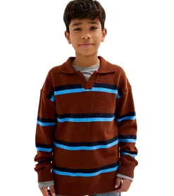 Pullover & Sweater*O46bpx Kinder Strick-Pullover Jungen Rugby-Shirt Kragen-Pullover Herbst-Pullover 961675 Braun/Blau