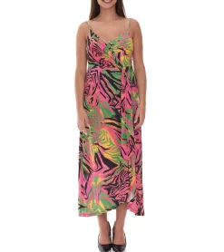 Kleider*O46bpx leichtes Damen Frühlings-Kleid mit floralen-Print Sommer-Kleid Maxi-Kleid 954051 Grün/Pink/Gelb/Schwarz/Orange