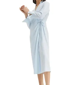 Kleider*O46bpx leichtes Damen Sommer-Kleid mit Kent-Kragen Frühlings-Kleid Wickel-Kleid Midi-Kleid 929374 Hellblau