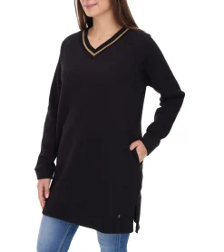 Kleider*Les Tropeziennes Damen Pullover-Kleid Baumwoll-Kleid mit Schlitz Mini-Sommer-Kleid mit Glitzer-V-Ausschnitt 1 142 0864C A Schwarz