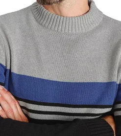 Pullover & Sweater*MAN´S WORLD MAN`S WORLD Stripe Round Neck Herren Strick-Pullover mit Baumwoll-Anteil Color-Blocking 4485 8262 Grau/Schwarz/Blau