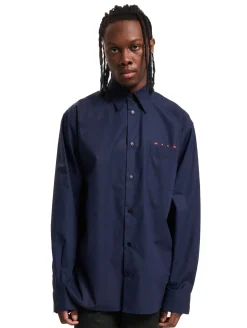 Hemden & Poloshirts*MARNI Herren Langarm Hemd aus Bio-Popeline mit Logo Bowling-Hemd Dunkelblau