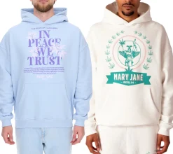 Pullover & Sweater*MARY JANE BERLIN Herren Kapuzen-Pullover mit Logo oder Schriftzug Print modischer Baumwoll-Pullover Hoodie 2406-4-SW Weiß oder Hell Blau