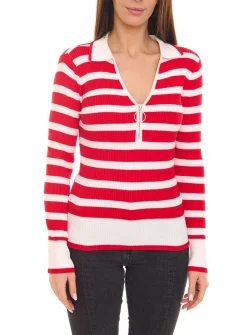 Poloshirts & Blusen*melrose Damen Langarm Polo-Shirt mit weitem V-Ausschnitt mit Kent-Kragen Sweatshirt 11397721 Rot/Weiß