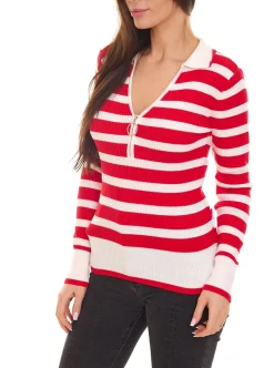 Poloshirts & Blusen*melrose Damen Langarm Polo-Shirt mit weitem V-Ausschnitt mit Kent-Kragen Sweatshirt 11397721 Rot/Weiß