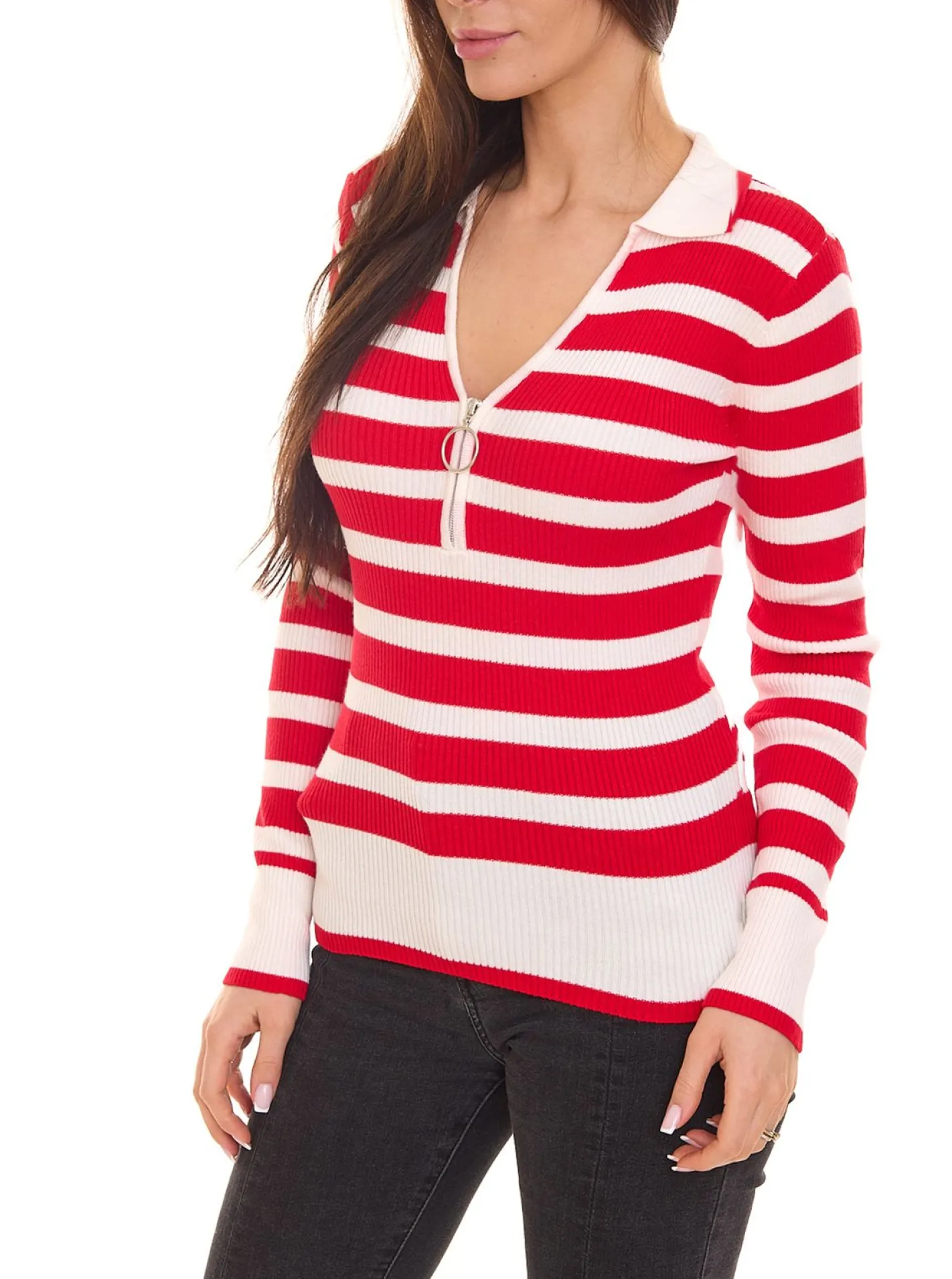 Poloshirts & Blusen*melrose Damen Langarm Polo-Shirt mit weitem V-Ausschnitt mit Kent-Kragen Sweatshirt 11397721 Rot/Weiß