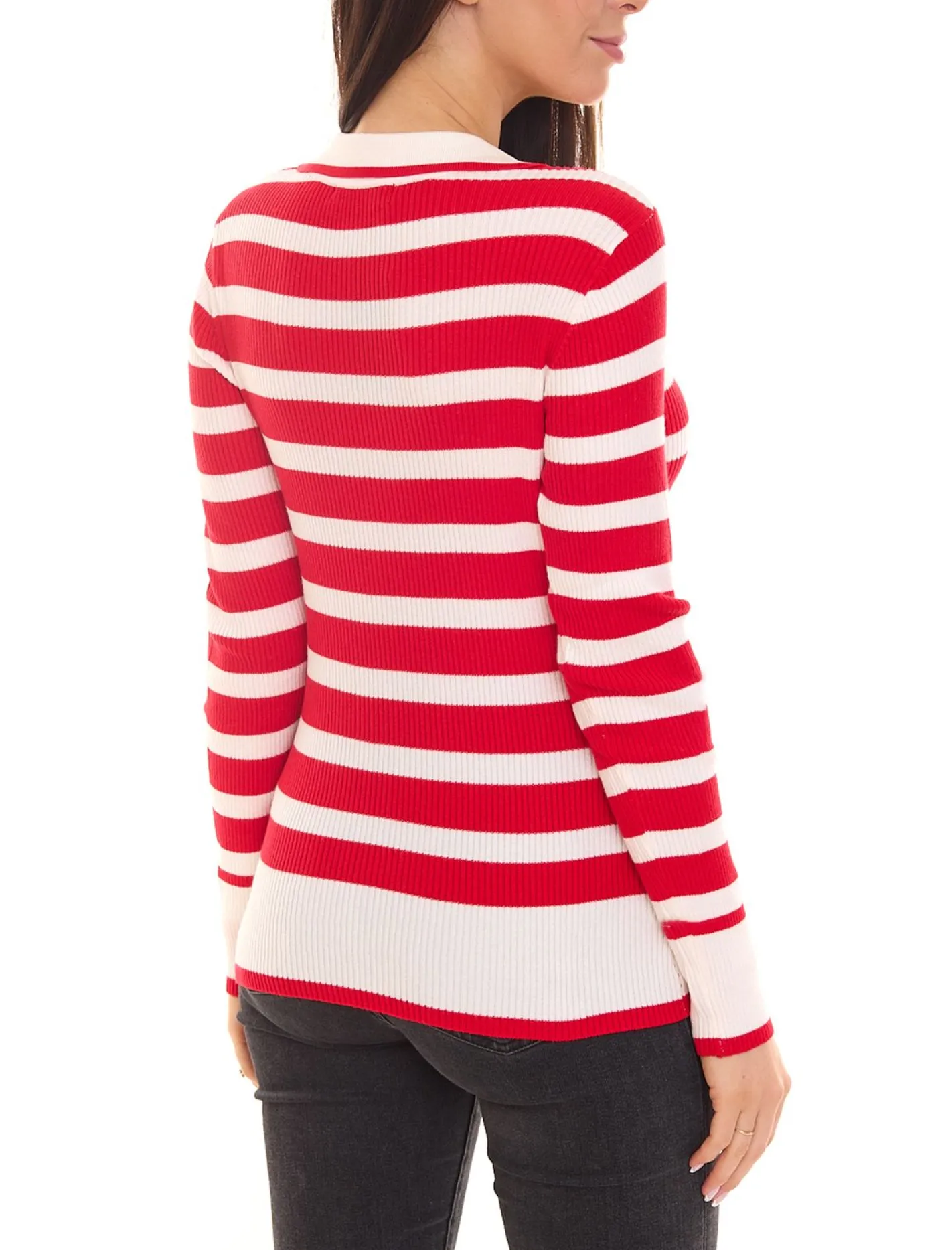 Poloshirts & Blusen*melrose Damen Langarm Polo-Shirt mit weitem V-Ausschnitt mit Kent-Kragen Sweatshirt 11397721 Rot/Weiß