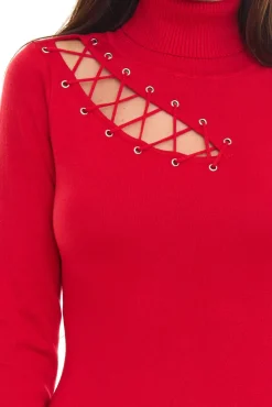 Kleider*melrose Damen Mini-Kleid Strick-Kleid mit Schnürung und Rollkragen Rot oder Schwarz