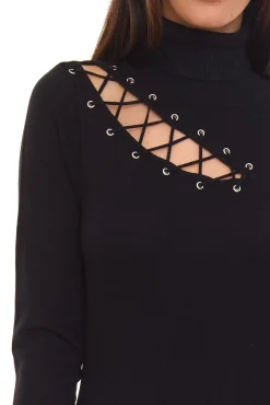 Kleider*melrose Damen Mini-Kleid Strick-Kleid mit Schnürung und Rollkragen Rot oder Schwarz