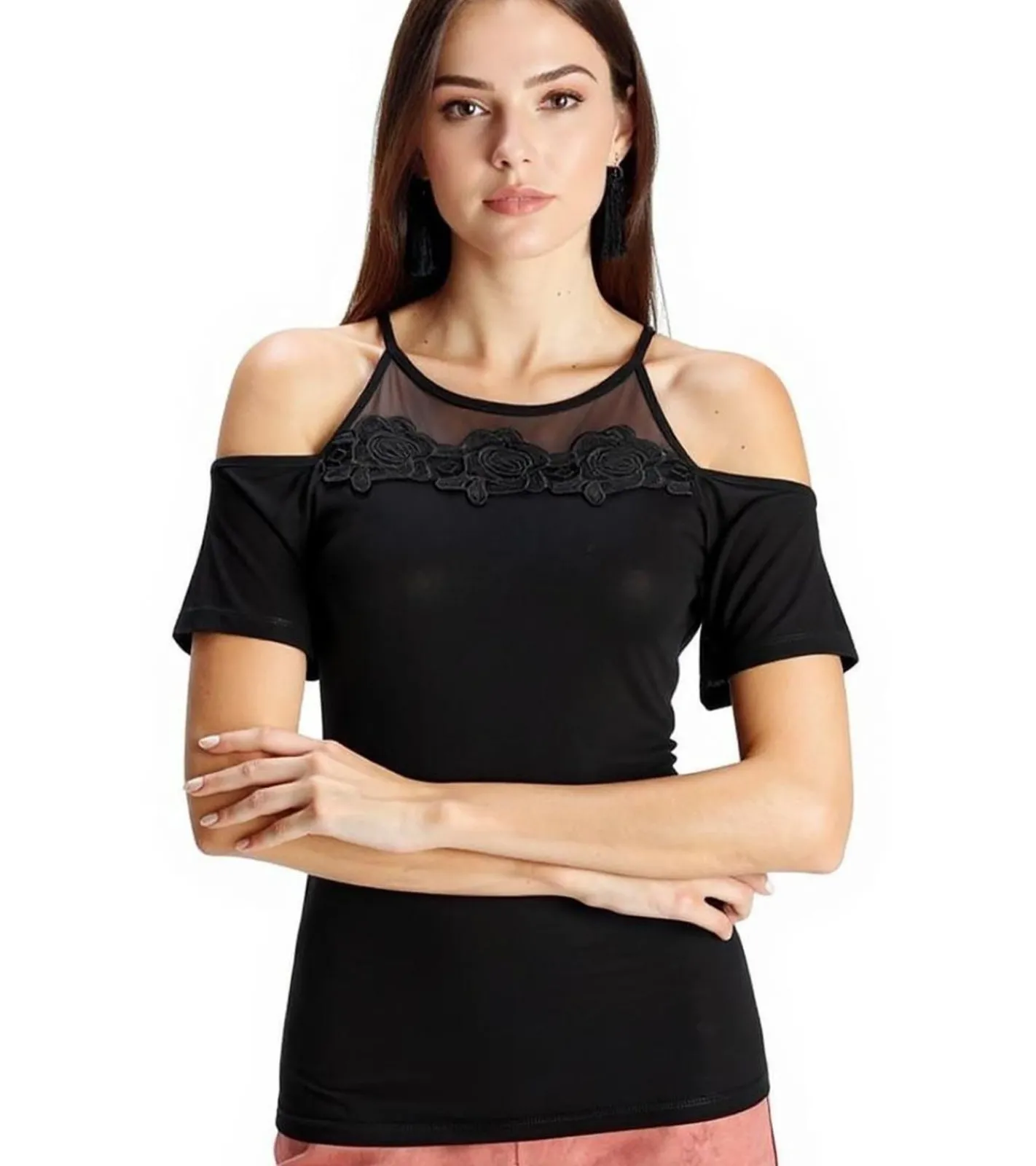 Tops & T-Shirts*melrose Damen Off-Shoulder-Shirt mit Blumenborder elegantes Ausgeh-Top 89386742 Schwarz