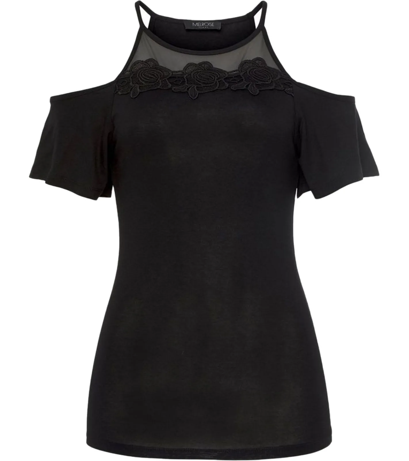 Tops & T-Shirts*melrose Damen Off-Shoulder-Shirt mit Blumenborder elegantes Ausgeh-Top 89386742 Schwarz
