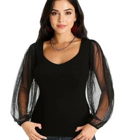 Poloshirts & Blusen|Tops & T-Shirts*melrose Damen Shirt mit Ballonärmeln aus Mesh Party-Shirt 91426738 Schwarz