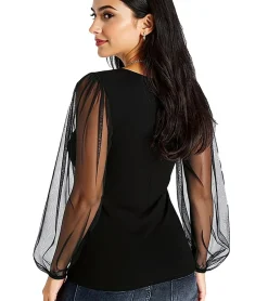 Poloshirts & Blusen|Tops & T-Shirts*melrose Damen Shirt mit Ballonärmeln aus Mesh Party-Shirt 91426738 Schwarz