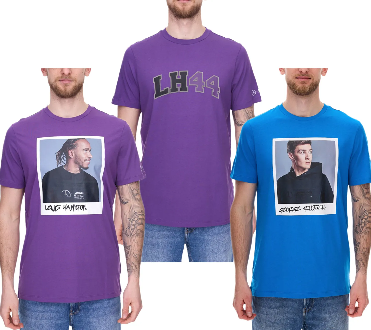 T-Shirts & Tank Tops|Große Größen*Mercedes-Benz AMG Petronas F1 MAPF1 Portrait oder Logo Herren Baumwoll-Shirt mit George Russel Print Rundhals-Shirt 701222296-701222304 Blau oder Lila