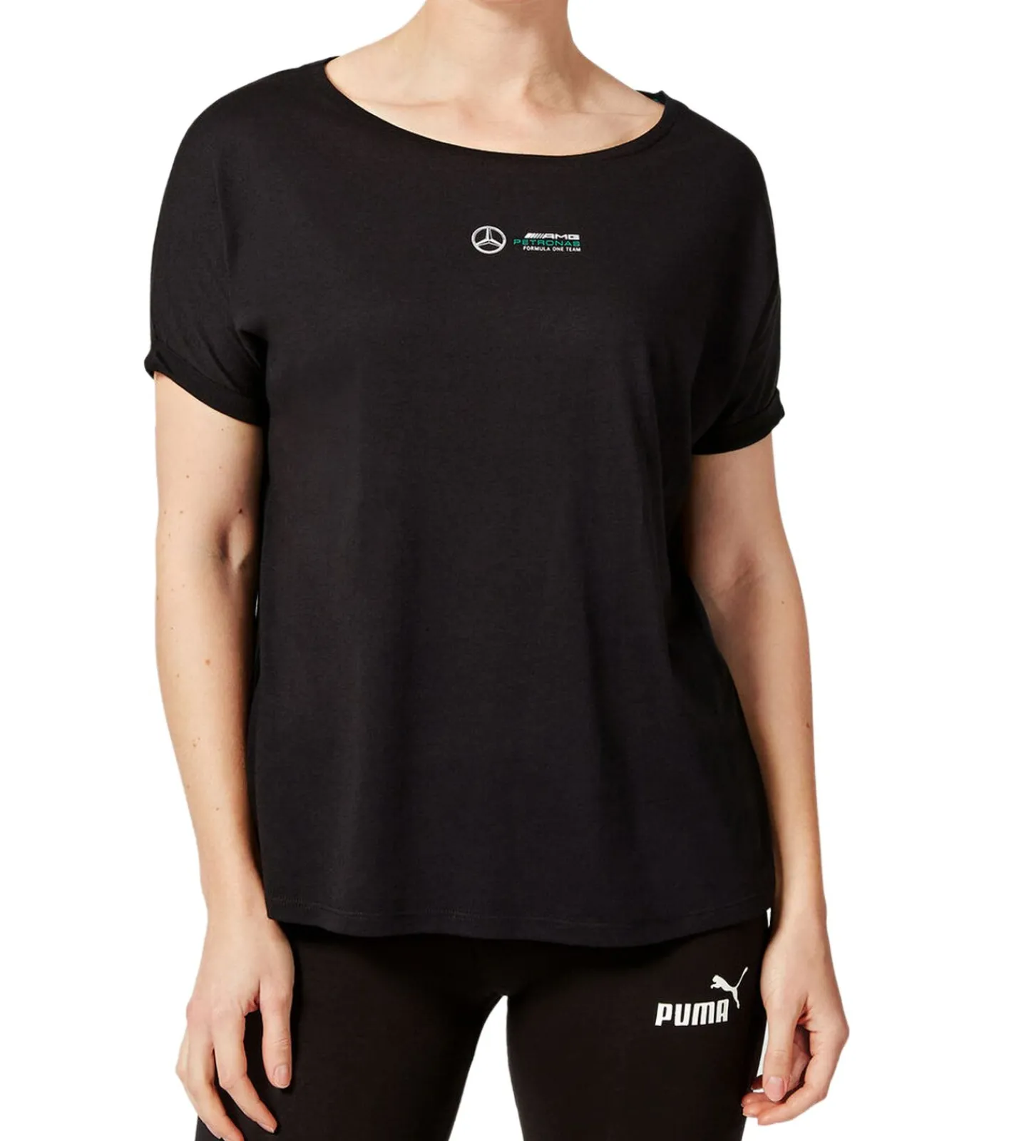 Tops & T-Shirts*Mercedes-Benz AMG Petronas F1 Lewis Hamilton #44 Tee Damen T-Shirt mit großem Hamilton 44-Print Baumwoll-Shirt 701202249 001 Schwarz