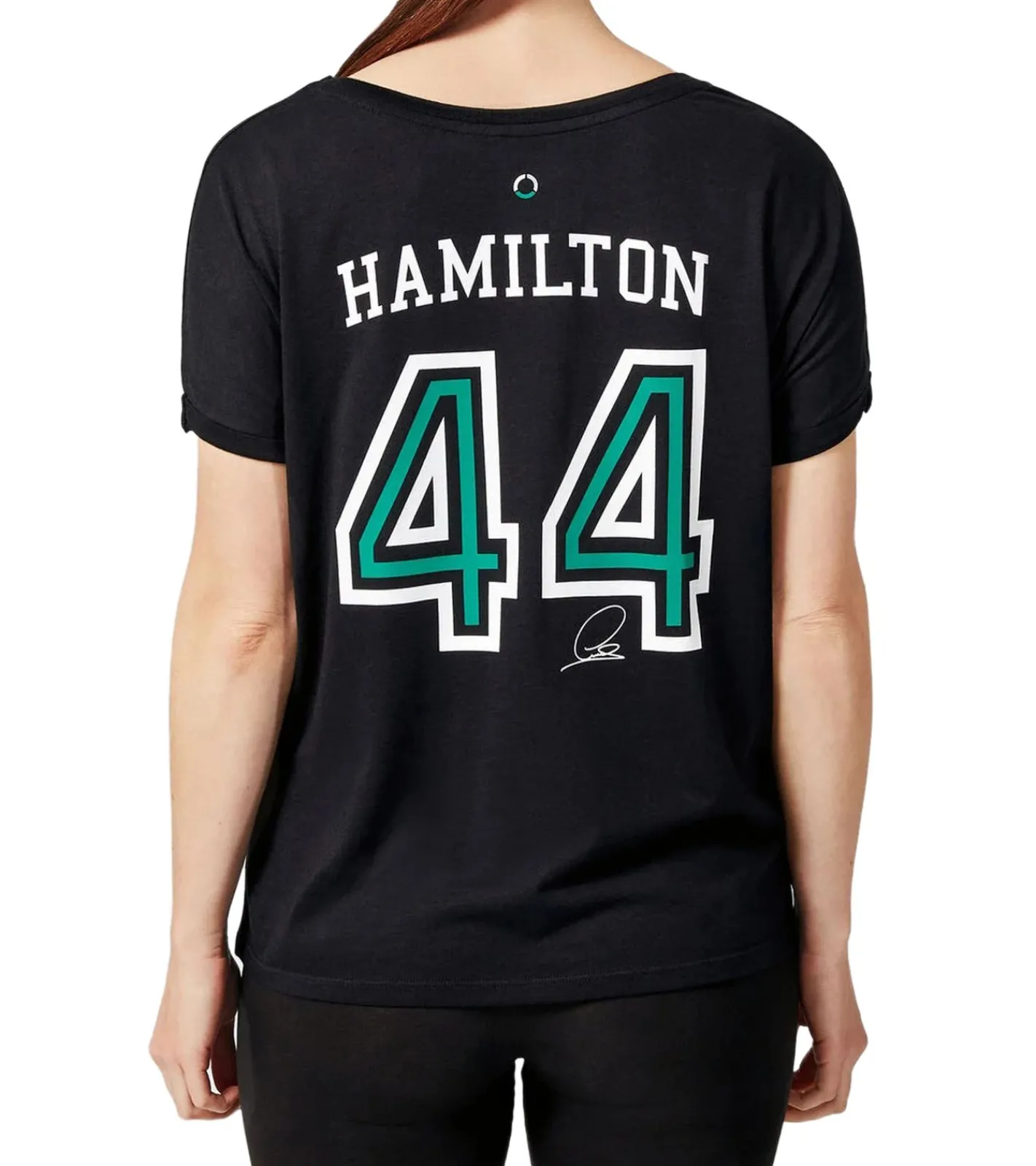 Tops & T-Shirts*Mercedes-Benz AMG Petronas F1 Lewis Hamilton #44 Tee Damen T-Shirt mit großem Hamilton 44-Print Baumwoll-Shirt 701202249 001 Schwarz