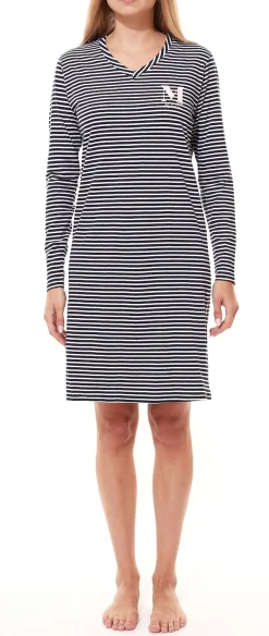 Bademode & Nachtwäsche*MEXX Damen Neglige gestreiftes Nachthemd aus reiner Baumwolle ZN2412016W Blau/Weiß