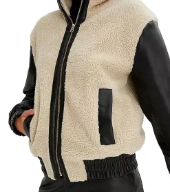 Mäntel & Jacken*O46bpx nachhaltige Damen Jacke weiche Teddyfell-Jacke mit Kunstleder Übergangs-Jacke 917726 Beige/Schwarz