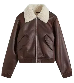 Mäntel & Jacken*O46bpx nachhaltige Damen Lederimitat-Jacke hochwertige Piloten-Jacke mit Kunstfell-Kragen 933611 Braun
