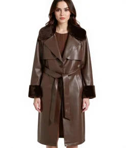 Große Größen|Mäntel & Jacken*O46bpx nachhaltiger Damen Lederimitat-Mantel mit Kunstfell Kragen Kunstleder-Jacke Frühlings-Mantel 930388 Braun