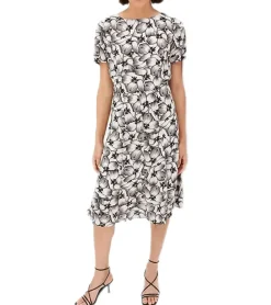 Kleider*O46bpx nachhaltiges Damen Midi-Kleid mit Blumen-Muster Sommer-Kleid mit kurzen Ärmeln Frühlings-Kleid 979301 Weiß/Schwarz