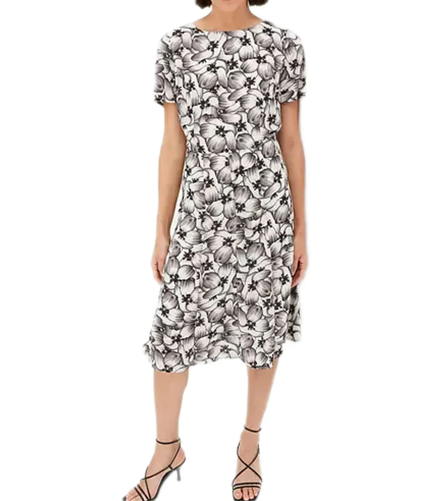 Kleider*O46bpx nachhaltiges Damen Midi-Kleid mit Blumen-Muster Sommer-Kleid mit kurzen Ärmeln Frühlings-Kleid 979301 Weiß/Schwarz