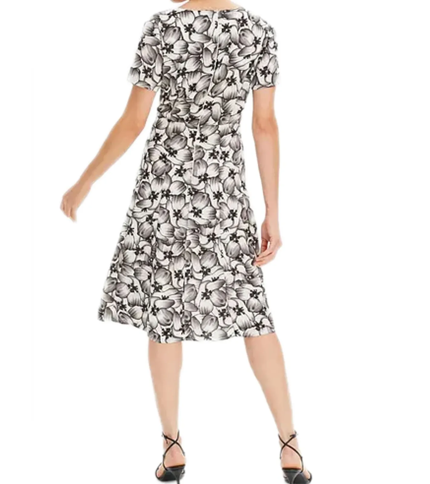 Kleider*O46bpx nachhaltiges Damen Midi-Kleid mit Blumen-Muster Sommer-Kleid mit kurzen Ärmeln Frühlings-Kleid 979301 Weiß/Schwarz