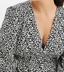 Kleider*O46bpx nachhaltiges Damen Mini-Kleid abstrakt bedrucktes Sommer-Kleid mit V-Ausschnitt Langarm-Kleid 910177 Schwarz/Hellbeige