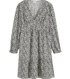 Kleider*O46bpx nachhaltiges Damen Mini-Kleid abstrakt bedrucktes Sommer-Kleid mit V-Ausschnitt Langarm-Kleid 910177 Schwarz/Hellbeige