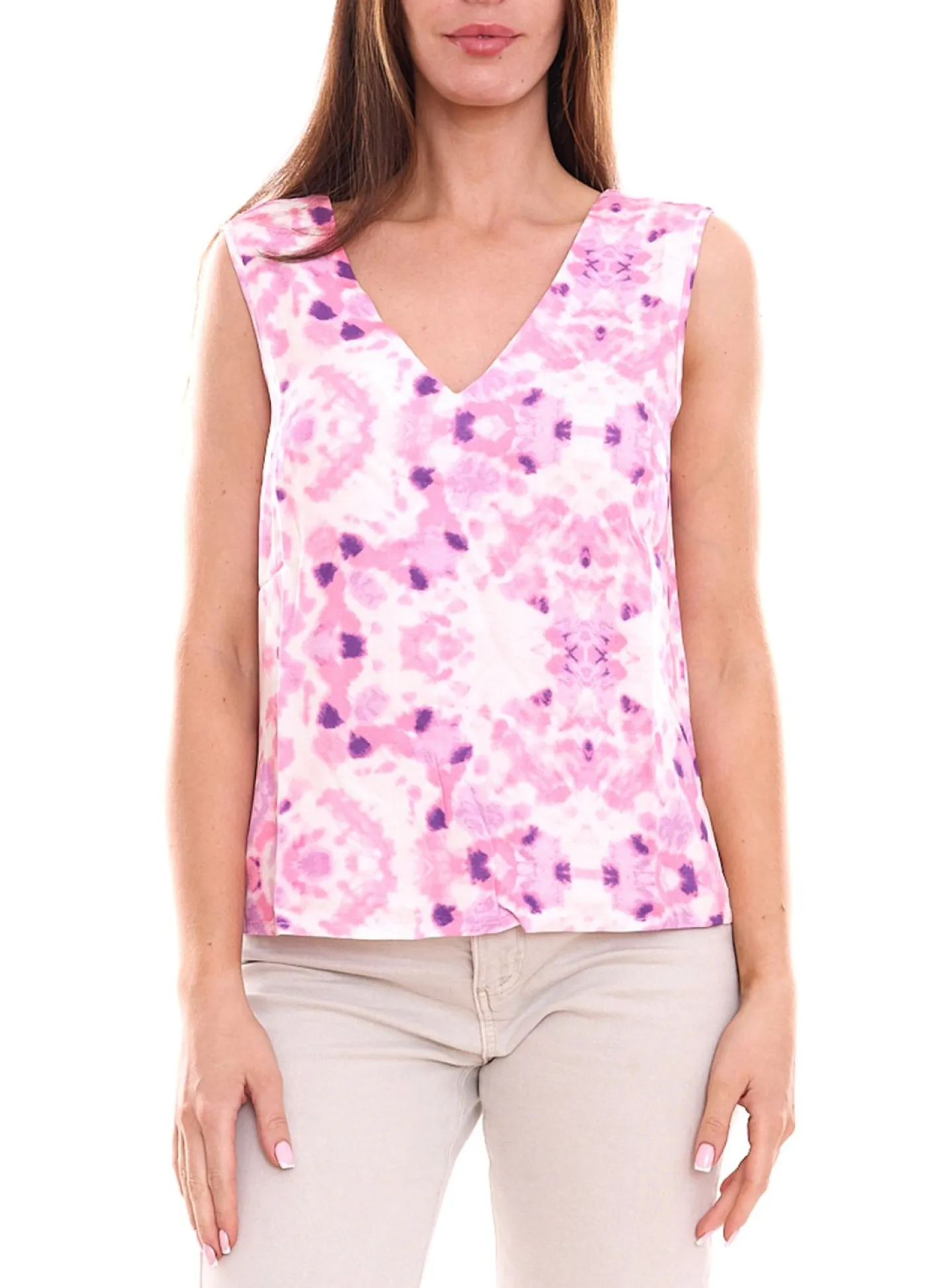 Tops & T-Shirts*ONLY ONLALMA Damen Sommer-Top im Batik Look ärmelloses Freizeit-Shirt mit tiefem Ausschnitt 92042750 Rosa/Lila/Weiß