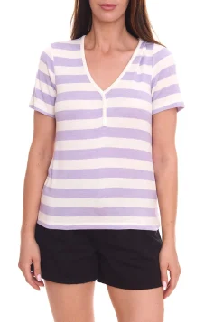 Tops & T-Shirts*ONLY ONLLIRA Damen Sommer-Top im Streifen-Look Kurzarm-Shirt 11199120 Violett/Weiß