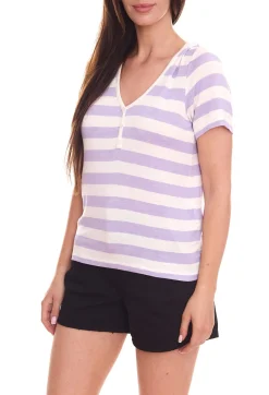 Tops & T-Shirts*ONLY ONLLIRA Damen Sommer-Top im Streifen-Look Kurzarm-Shirt 11199120 Violett/Weiß