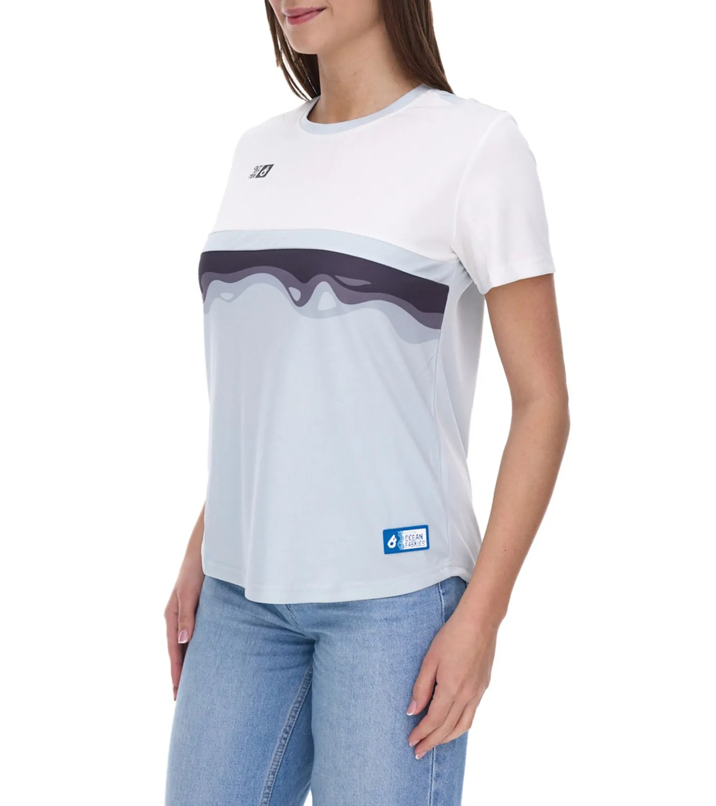 Sportoberbekleidung|Tops & T-Shirts*Outfitter OCEAN FABRICS TAHI Damen nachhaltiges Training-Shirt mit Mesh-Einsätzen Fitness-Shirt Kurzarm-Shirt OUT-W-1021-OTW-11 Hellblau/Weiß