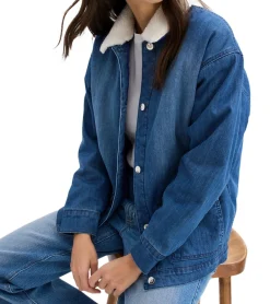 Mäntel & Jacken*O46bpx Oversized Jeans-Jacke für Damen mit weichem, abnehmbaren Teddy-Kragen Übergangs-Jacke 946445 Blau
