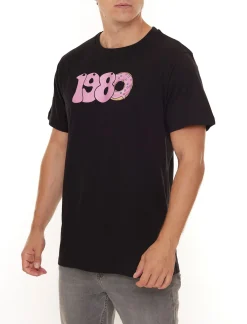 T-Shirts & Tank Tops*PASH 1980 Tee Herren Kurzarm-Shirt mit großem 1980er Print Baumwoll-T-Shirt PATR004 Schwarz