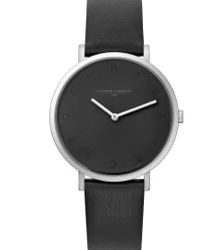 Damenuhren|Damenuhren*Pierre Cardin Damen Armband-Uhr mit Buchstaben der Marke als Ziffern analoge Quarz-Uhr mit Leder-Armband 3ATM 39mm CBV.100 Schwarz/Silber mit schwarzem oder weißem Zifferblatt