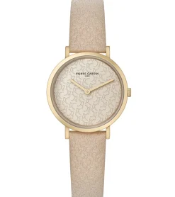 Damenuhren|Damenuhren*Pierre Cardin Damen vergoldete Armband-Uhr mit Marken-Kürzel-Print analoge Quarz-Uhr mit Leder-Armband 3ATM 31mm CBV.1503 Beige/Gold