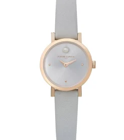 Damenuhren|Damenuhren*Pierre Cardin Damen Zweizeiger-Armband-Uhr Ziffernblatt mit silbernen Kreis-Details analoge Quarz-Uhr mit Leder-Armband 3ATM 27mm CCM.0506 Grau/Rose-Gold