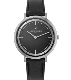 Herrenuhren|Herrenuhren*Pierre Cardin Herren analoge Quarz-Uhr mit Leder-Armband Armband-Uhr 3ATM 42mm CBV.1029 Silber/Schwarz