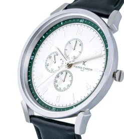 Herrenuhren|Herrenuhren*Pierre Cardin Herren Armband-Uhr mit Multi-Ziffernblatt analoge Quarz-Uhr mit Leder-Armband 3ATM 44mm CPI.2062 Schwarz/Silber/Grün