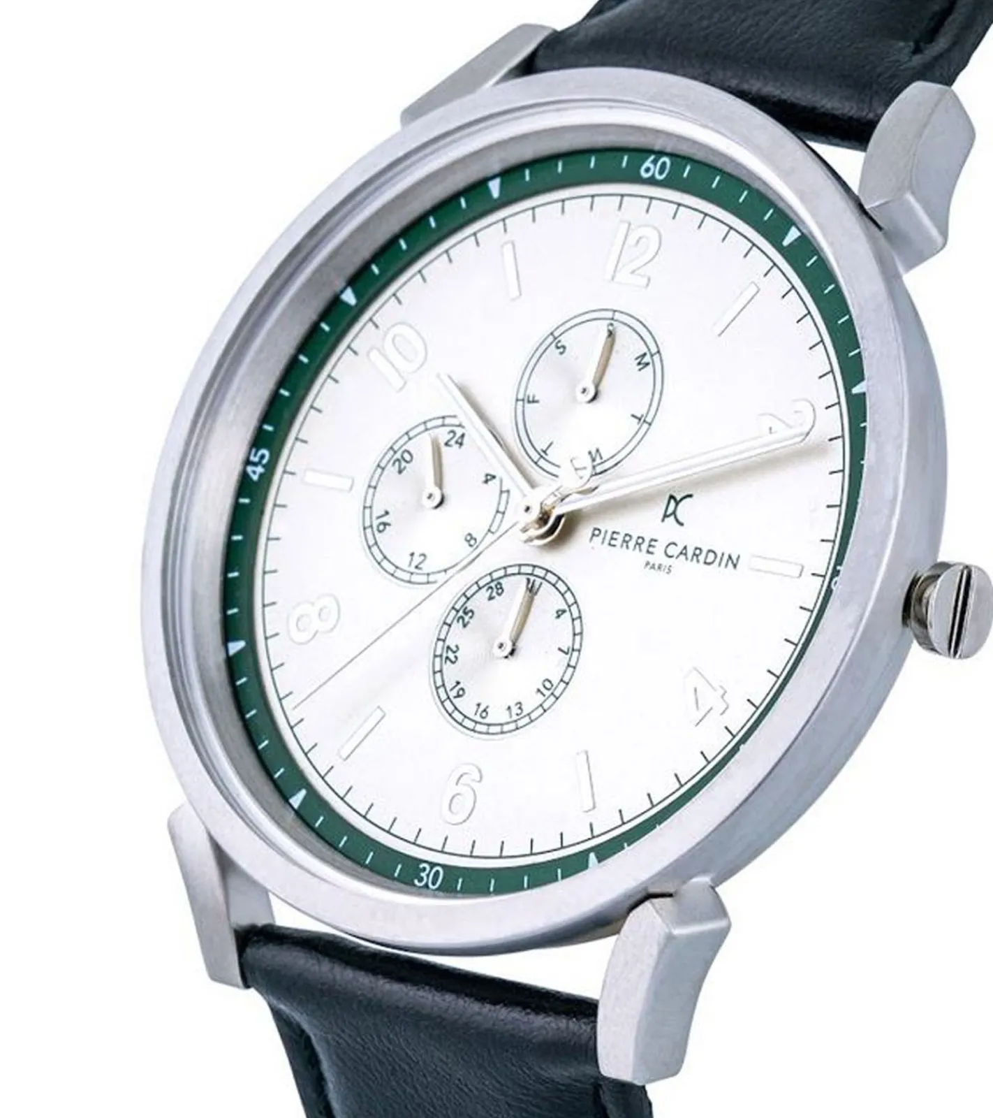 Herrenuhren|Herrenuhren*Pierre Cardin Herren Armband-Uhr mit Multi-Ziffernblatt analoge Quarz-Uhr mit Leder-Armband 3ATM 44mm CPI.2062 Schwarz/Silber/Grün