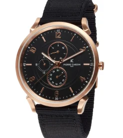 Herrenuhren|Herrenuhren*Pierre Cardin Herren Armband-Uhr mit Multi-Ziffernblatt analoge Quarz-Uhr mit Textil-Armband 3ATM 44mm CPI.2035 Schwarz/Kupfer