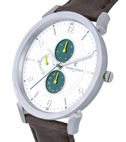 Herrenuhren|Herrenuhren*Pierre Cardin Herren Armband-Uhr mit Multi-Ziffernblatt analoge Quarz-Uhr mit Leder-Armband 3ATM 44mm CPI.2057 Silber/Braun/Grün