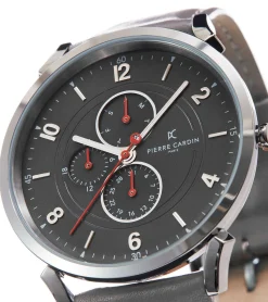 Herrenuhren|Herrenuhren*Pierre Cardin Herren Armband-Uhr mit Multi-Ziffernblatt analoge Quarz-Uhr mit Leder-Armband 3ATM 44mm CPI.2025 Grau/Silber