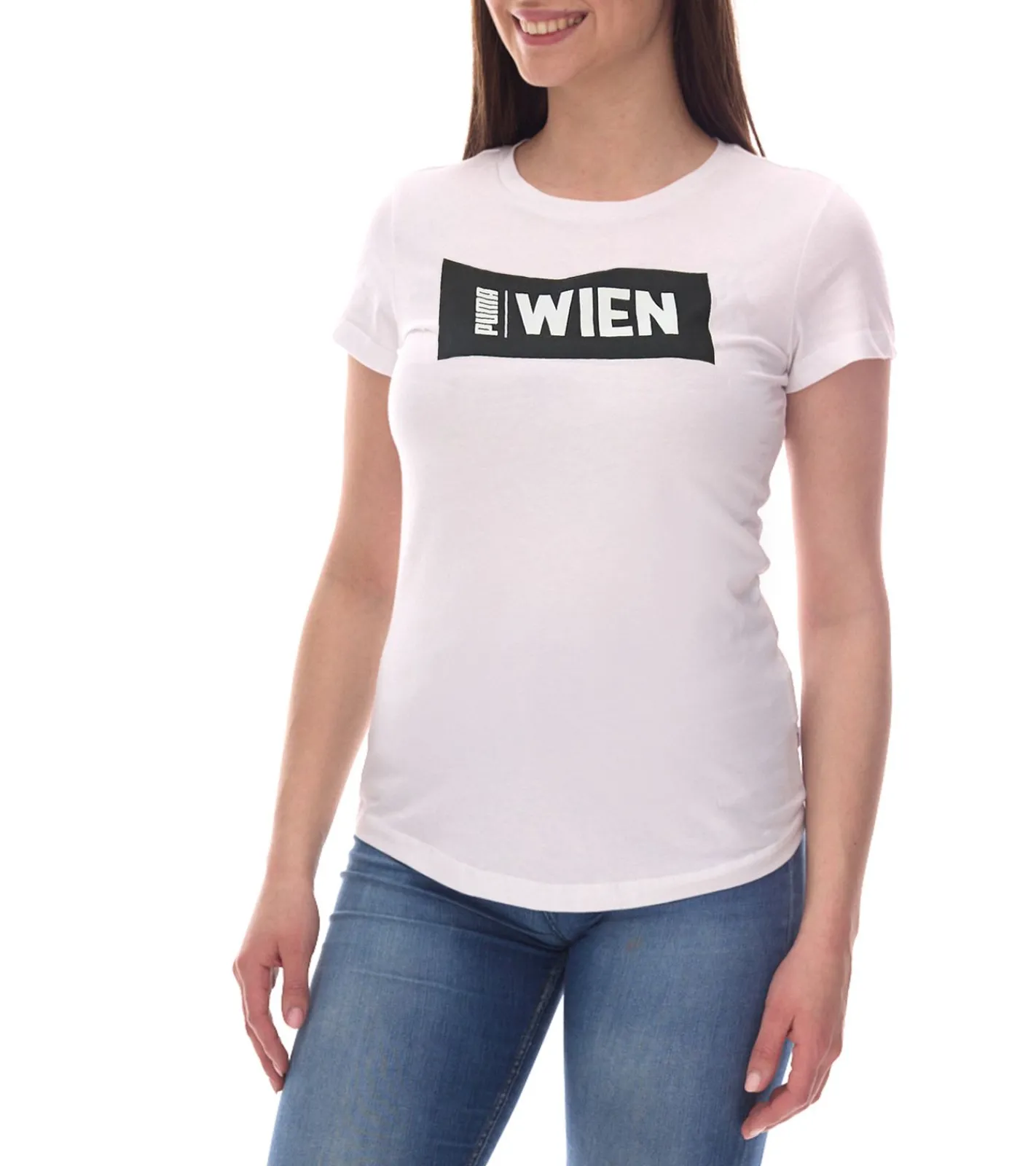 Fitnessmode & Jogginghosen|Tops & T-Shirts*PUMA City Damen Baumwoll-Shirt mit Wien Schriftzug Kurzarm-Shirt Rundhals-Shirt 575957 24 Weiß/Schwarz